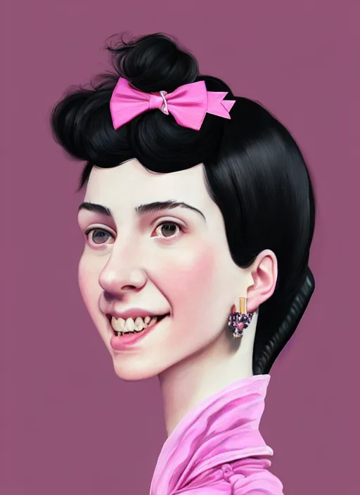 Image similar to portrait of high school girl, realistic, black hair, bangs, half updo hairstyle, pointy nose, skinny, smile, ugly, defined jawline, big chin, pink hair bow, earrings, intricate, elegant, glowing lights, highly detailed, digital painting, artstation, sharp focus, illustration, art by wlop, mars ravelo and greg rutkowski