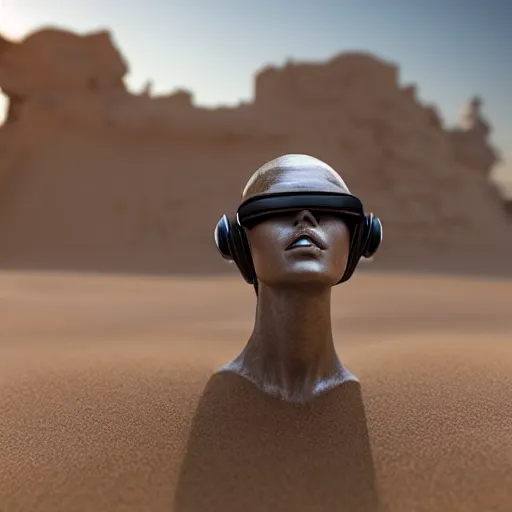 Image similar to the head of a marble cybernetic lady justice statue wearing a virtual reality headset on ground covered in sand, cyberpunk background, highly detailed, epic lighting, hyper photorealism, 8 k