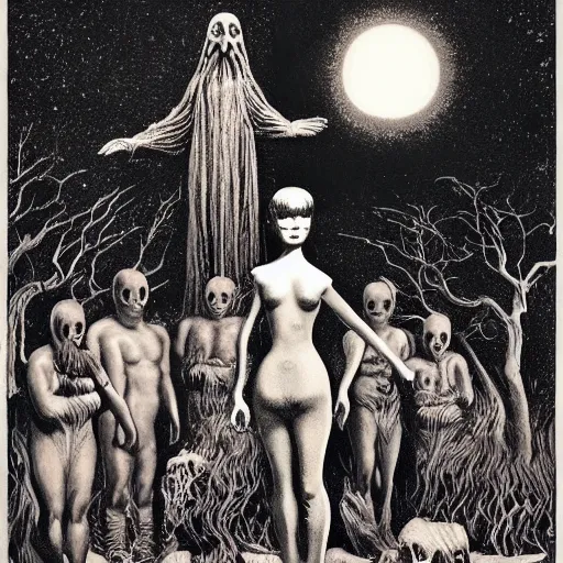 Image similar to A beautiful art installation of a small figure standing in the center of a dark, foreboding landscape. The figure is surrounded by strange, monstrous creatures, and there is a feeling of unease and dread. 1960s by Al Feldstein, by Frederick Lord Leighton spontaneous, muted