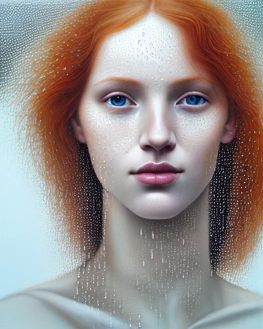 Image similar to portrait of an ethereal ginger beauty with water droplets, reflective eyes, with rain drop patterns, closeup, by mary jane ansell