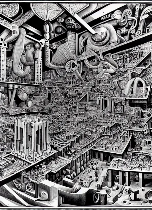 Prompt: epic mural of technological change through history bymarcus akinlana, basil wolverton, mc escher, dali, picasso, hr giger, wheres waldo, cybernetic river of transformation