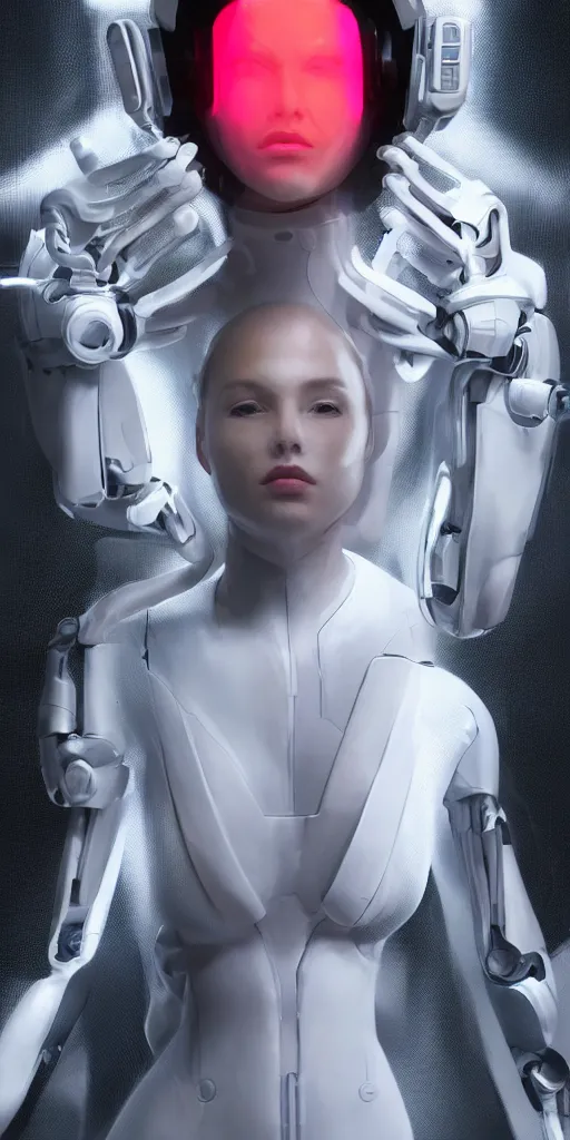 Image similar to white one cast futuristic biomechanics futuristic humanoid, beautiful face, female, futuristic, neon lights, cyberpunk, 8 k, digital painting, by beeple and makoto shinkai, trending on cg society, glamour pose, fashion photography, high fashion, canon r 3, photorealistic, hyper realistic, full body, wide angle shot