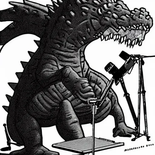 Prompt: godzilla chewing on a microphone stand downstage center