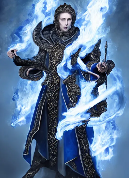 Image similar to high intricate middle aged blue eyed male priest with white baroque armor and black garment fighting a fire demon, maria panfilova, andrea savchenko, mike kime, ludovic plouffe, qi sheng luo, oliver cook, trending on artstation