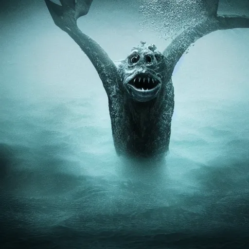 Image similar to sea monster about to eat pov underwater, pale skin, dark yellowish water, foggy water, dark, dramatic,'silent hill ', big eyes, alluring and terrifying, cinematic