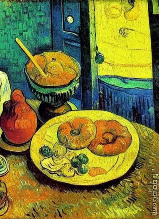 Image similar to good morning, artist painting on a canvas showing breakfast, painting by vincent van gogh, paul gauguin