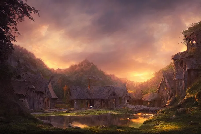 Prompt: a medieval celtic village with a stream in a forested valley, sunset with ominous shadows by jessica rossier and brian froud cinematic painting