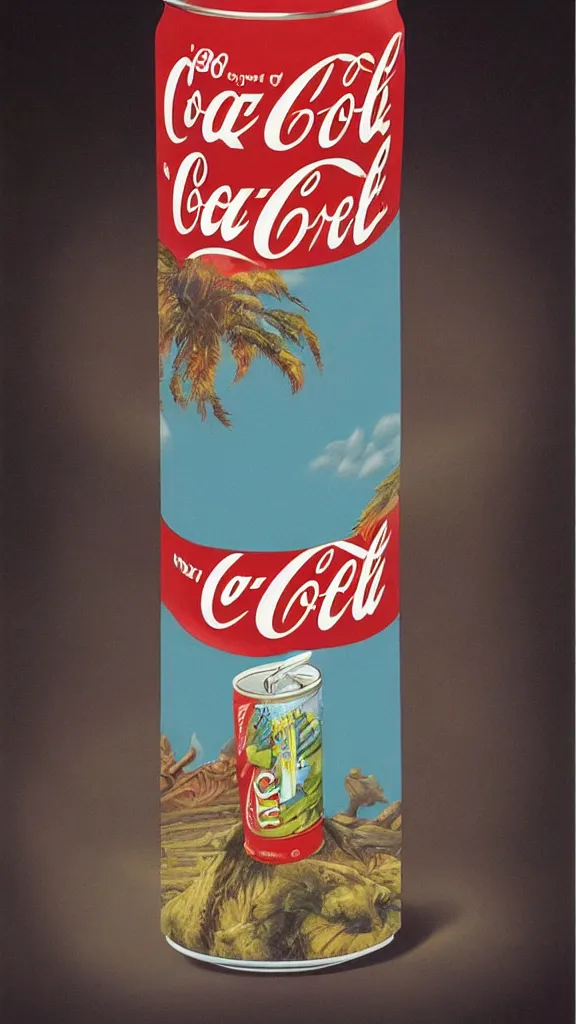 Image similar to 1 9 8 0 s airbrush surrealism illustration of a can of coke by roger dean