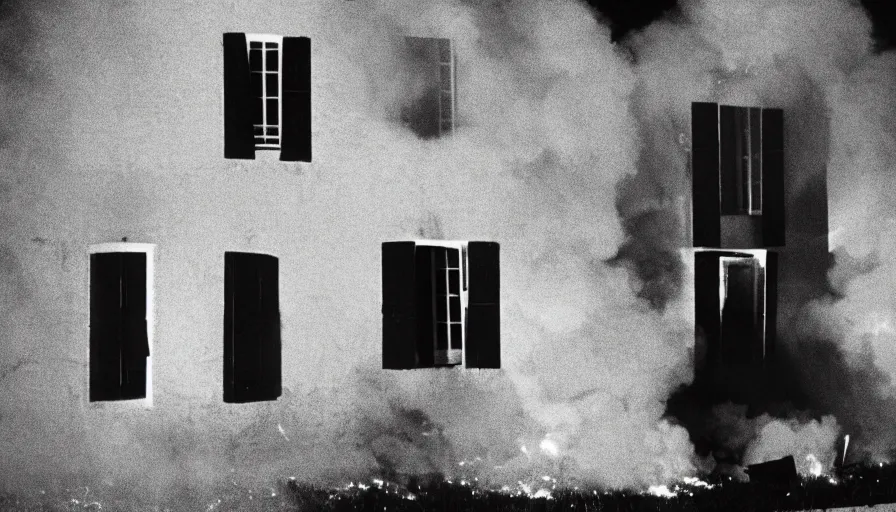 Image similar to 1 9 7 0 s movie still of a burning house windows in a small french village by night, cinestill 8 0 0 t 3 5 mm, heavy grain, high quality, high detail, dramatic light, anamorphic, flares