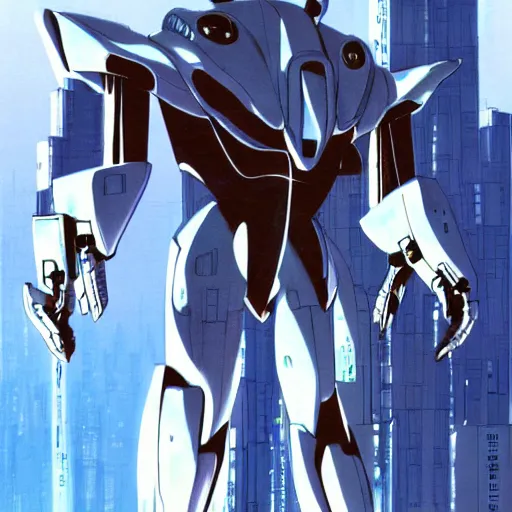 Image similar to 2 0 0 0 s anime screenshot of a sleek, slender, human - scale mecha suit defending the city streets, designed by hideaki anno, drawn by tsutomu nihei, and painted by zdzislaw beksinski