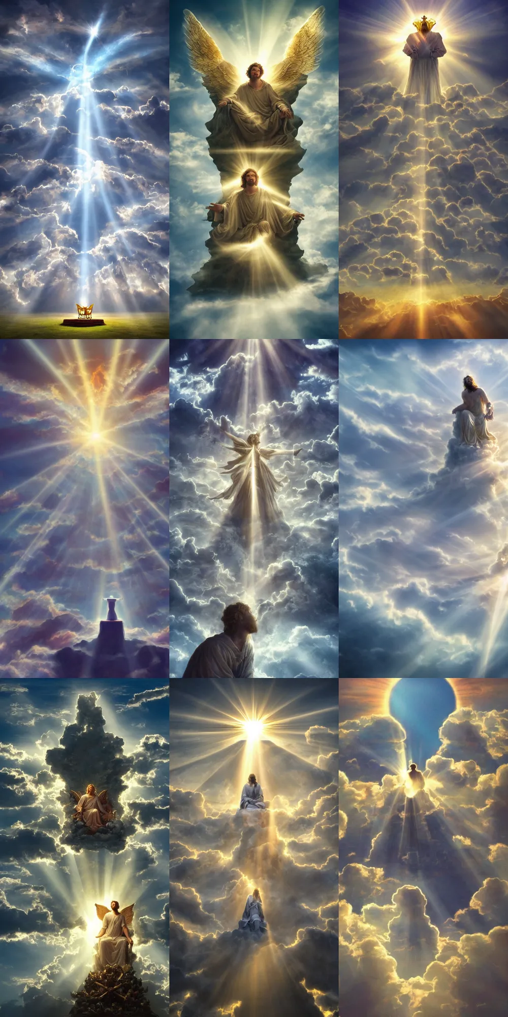 Prompt: God sitting on his throne atop a pillar of cloud, surrounded by swarms of angels, crepuscular rays, warm lighting