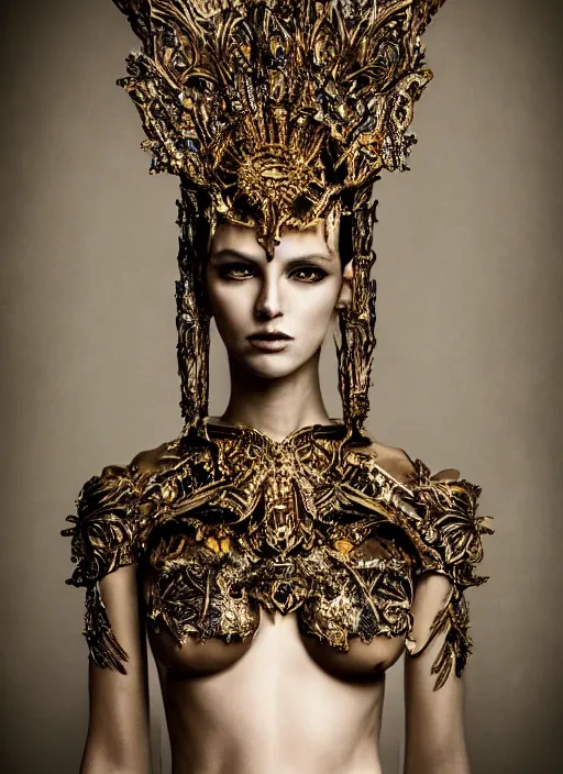 Image similar to a portrait of female model by stefan geselle and nekro borja, photorealistic, intricate details, hyper realistic, fantasy, ornate metal gold headpiece, photorealistic, canon r 3, photography, wide shot, photography, dark beauty, symmetrical features, wide angle shot, whole body, full body shot, standing pose