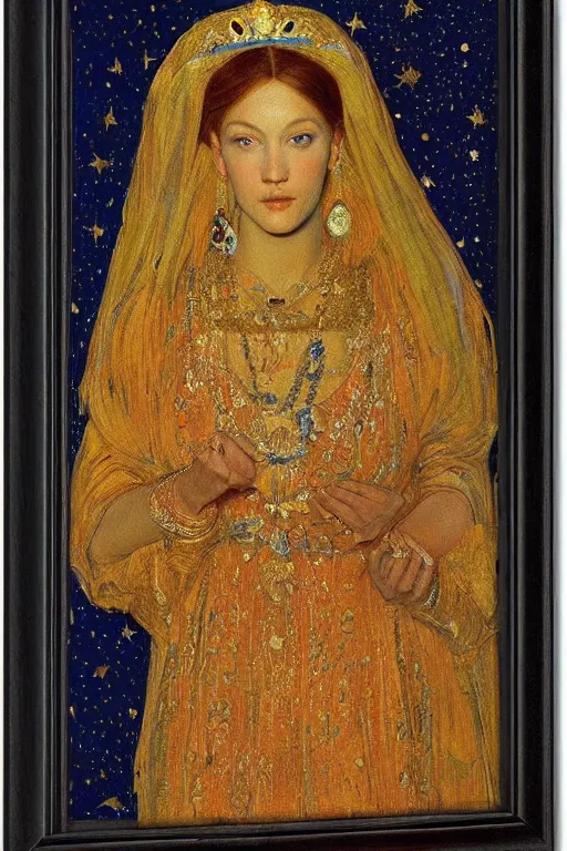 Prompt: the starry queen, by Annie Swynnerton and Nicholas Roerich, elaborately costumed, rich color, dramatic cinematic lighting, smooth, sharp focus, extremely detailed