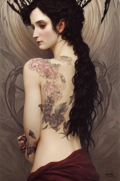 Image similar to portrait of a pretty gothic with tattoo, intricate, elegant, highly detailed, digital painting, artstation, concept art, smooth, sharp focus, illustration, art by artgerm and greg rutkowski and alphonse mucha and william - adolphe bouguereau