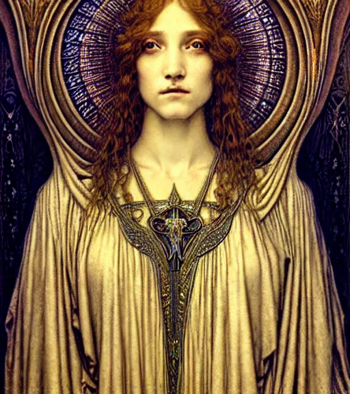 Image similar to detailed realistic beautiful young medieval queen face portrait by jean delville, gustave dore and marco mazzoni, art nouveau, symbolist, visionary, gothic, pre - raphaelite. horizontal symmetry