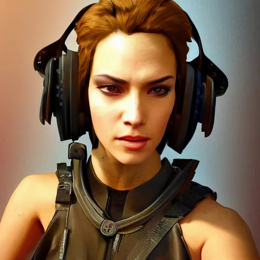 Image similar to Beautiful Sophia. gorgeous female cyberpunk mercenary wearing a cyberpunk headset, military vest, and jumpsuit. Gorgeous face. Concept art by Sherree Valintine Daines and James Gurney. Industrial setting. ArtstationHQ. Creative character design for cyberpunk 2077.