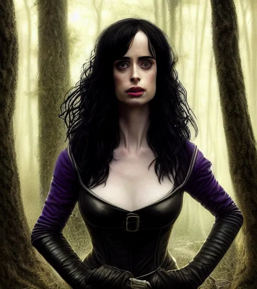 Prompt: 5 5 mm close up portrait photo of krysten ritter as yennefer of vengerberg in black leather armor and long black wavy hair and purple eyes, in a forest. magical atmosphere. art by greg rutkowski. lifelike. very detailed 8 k. intricate. soft light. nikon d 8 5 0.