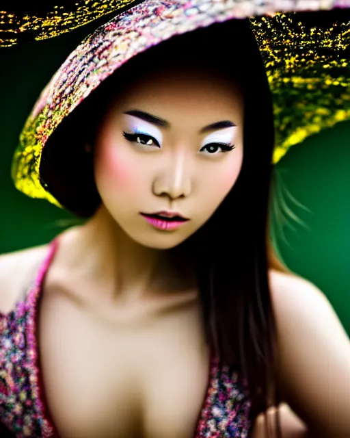 Prompt: medium closeup shot, flash long exposure photography of asian woman fashion posing in the lake by peter kemp, sharp focus, high details