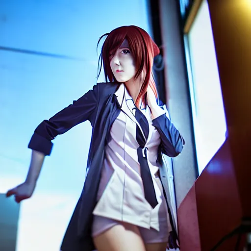 Image similar to cosplay on hot makise kurisu from steins ; gate, ultra - hd, hcl, 1 2 - bit, ar, volumetric lighting, screen space global illumination, opaque, optics, lumen reflections, vfx, insanely detailed and intricate, hyper maximalist, elegant, ornate, hyper realistic, super detailed, full body