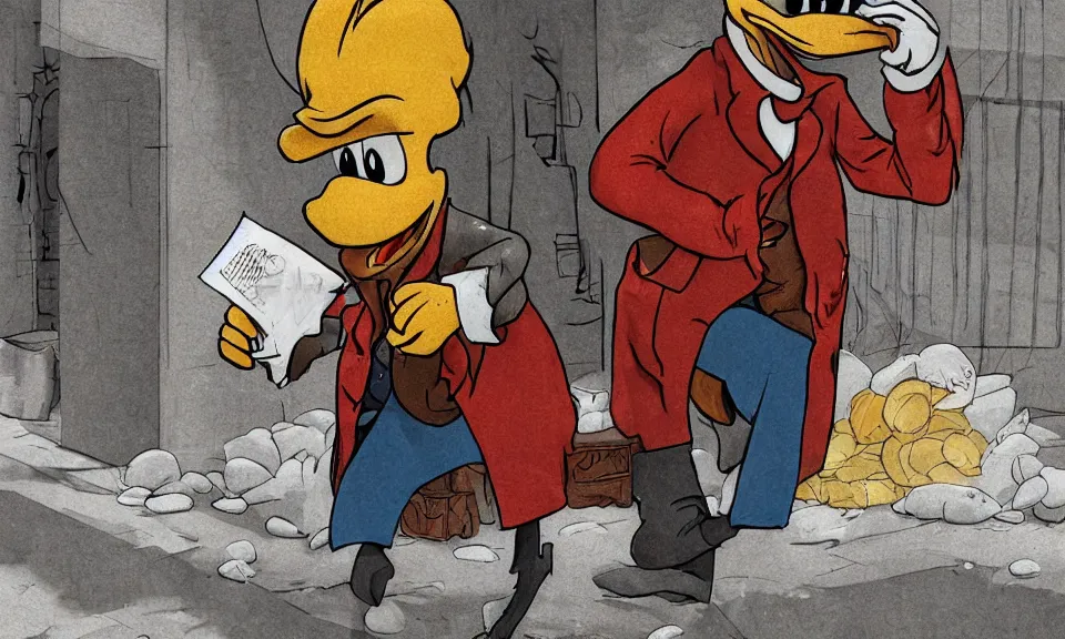 Image similar to hyper realistic digital painting of scrooge mcduck homeless on the street, rough and ripped clothing, detailed, 8 k, cold, digital art, bold, desaturated colors, cinematic