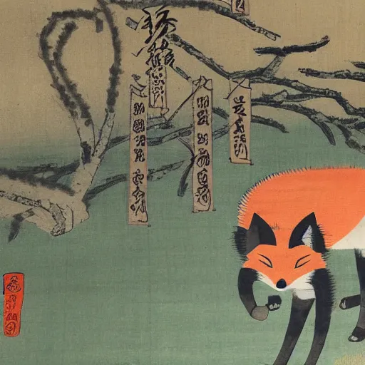 Prompt: samurai fox with a katana. sakura forest in the background. old japanese painting. fresco