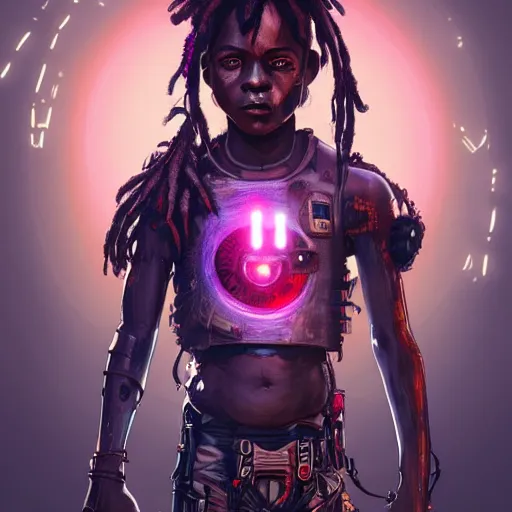 Image similar to a dark and ominous cyborg african child soldier with glowing eyes and dreadlocks, neon graffiti, Apex Legends character digital illustration portrait design, by android jones and greg rutkowski in a cyberpunk voodoo style, synthwave color scheme, detailed, cinematic lighting, wide angle action dynamic portrait