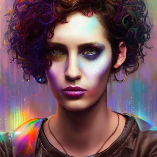 Prompt: Lofi cyberpunk portrait beautiful woman with short brown curly hair, roman face, rainbow, Pixar style, Tristan Eaton, Stanley Artgerm, Tom Bagshaw