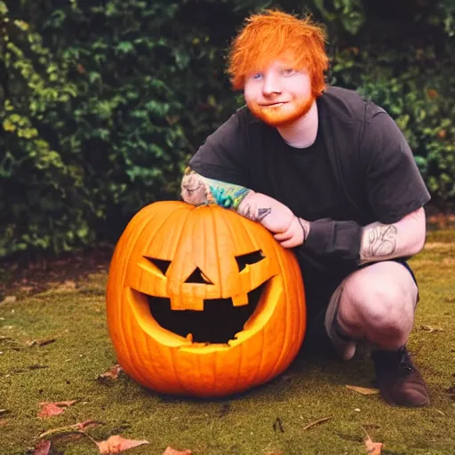 Prompt: Ed Sheeran crying trapped inside a pumpkin