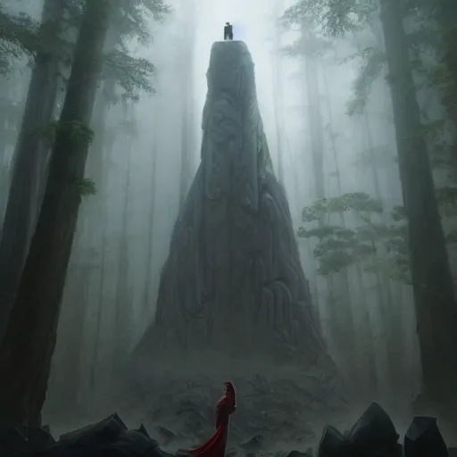 Prompt: stone humanoid colossus by grzegorz rutkowski and richard wright and peter mohrbacher and dan scott, atmospheric haze, stormy, redwood forest, gigantic trees, tiny woman in cloak in foreground silhouette, large scale