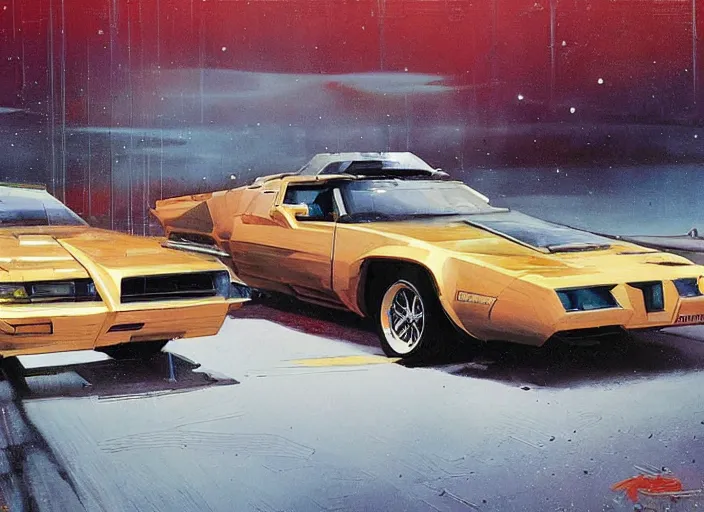 Prompt: ( ( ( ( ( knight rider kitt, car concept art, sci - fi illustration, painting, in the style of blade runner 2 0 4 9 ) ) ) ) ) by vincent di fate and john berkey and 1 9 8 2 pontiac trans am!!!!!!!