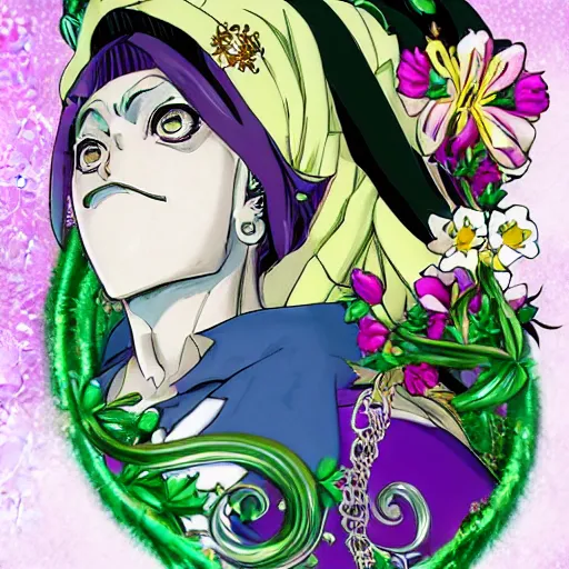 Image similar to a jojo's bizarre adventure manga artstyle colorful sketch : Marie the mother of Jesus resembling Jolyne Kujo, smiling with her mouth shut, not looking at the camera, with a saint aureola, black and white, wearing a veil, shamrocks and lilies in the background by by hirohiko araki shonen jump, crisp details, realistic, featured on Artscape