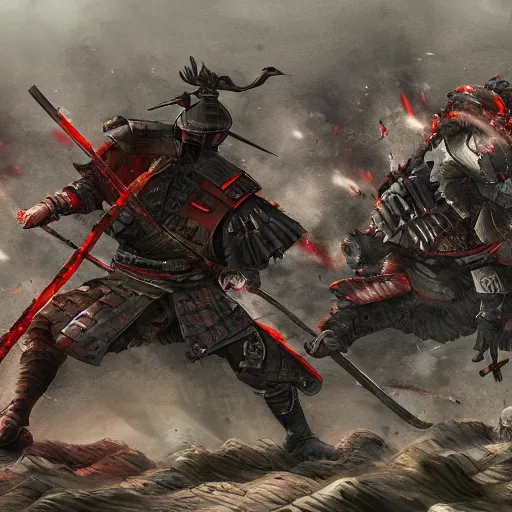 Image similar to detailed detailed digital art of a battlefield between samurai, trending on artstation