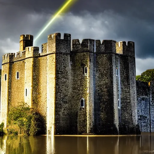 Prompt: Dover castle surrounded by floodwater, England, dramatic lighting, god rays, cinematic, epic, HDR