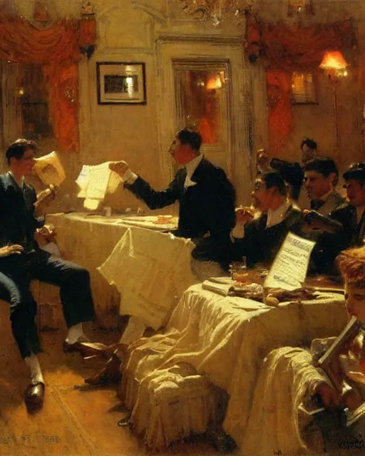 Prompt: an attractive man reciting poetry to a room full of businessmen, painting by gaston bussiere, craig mullins, j. c. leyendecker