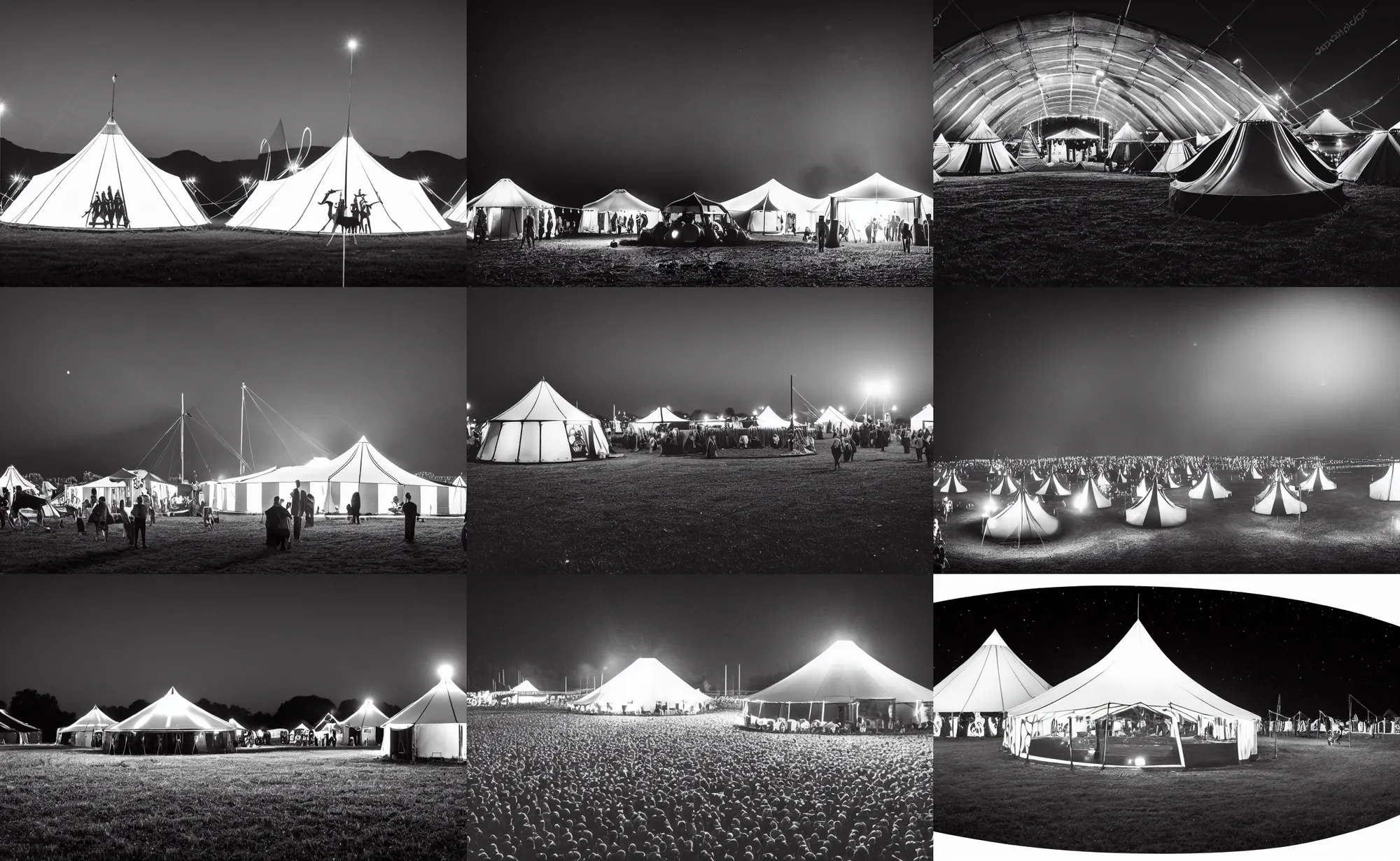 Prompt: cinematic wide shot of a circus in a field at night with large black and white tents in a circle with a large cauldron in the middle, 4 k