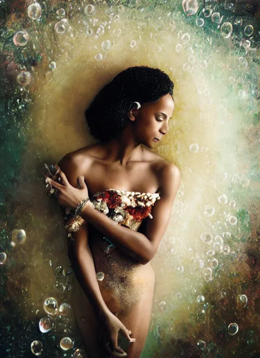 Prompt: Kodak Portra 400, 8K, soft light, volumetric lighting, highly detailed, britt marling style 3/4 by Martin Stranka , extreme Close-up portrait photography of ZoeSaldana as beautiful black skinned mermaid la sirene Haitian god, white lilies, shells, bubbles, how pre-Raphaelites,inspired by Ophelia by Martin Stranka, the face emerges from water of Pamukkale, underwater face, hair are intricate with highly detailed realistic beautiful brunches and flowers like crown, Realistic, Refined, Highly Detailed, soft blur background, outdoor soft pastel lighting colors scheme, outdoor fine art photography, Hyper realistic, photo realistic