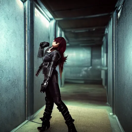 Prompt: scantily attractive female bounty hunter in leather jacket and boots standing inside a old hallway in a spaceship, cryengine, 4 0 k, dark, cyberpunk