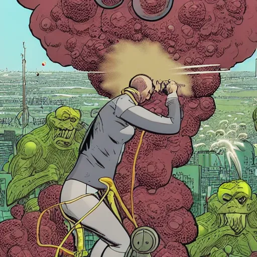 Prompt: a revengeful super tall mother nature sprays a deadly spore spray over the entire human race, graphic novel, detailed, in the style of Geoff Darrow and Frank Miller