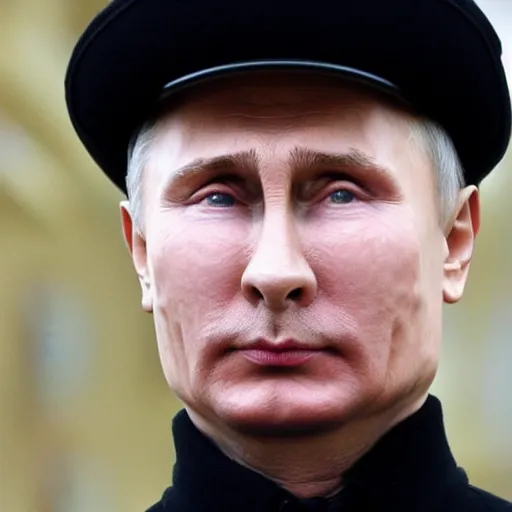 Image similar to putin wearing a black leather hat, front view, cool looking