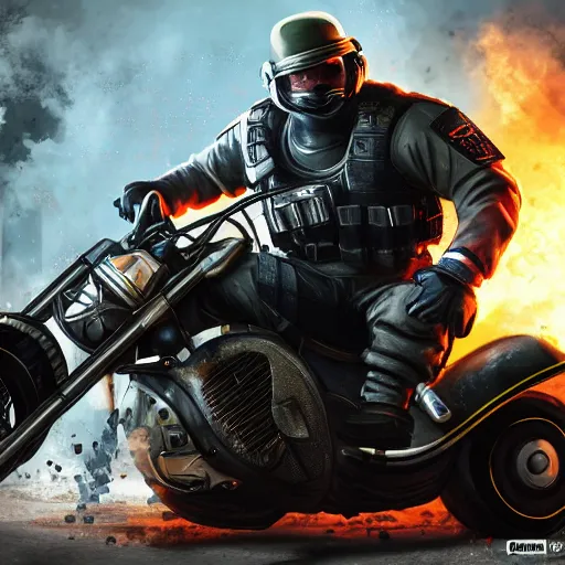 Prompt: Montagne from Rainbow Six Siege riding a motorcycle with an exploding building behind him, realistic, HDR, 8k, trending on artstation