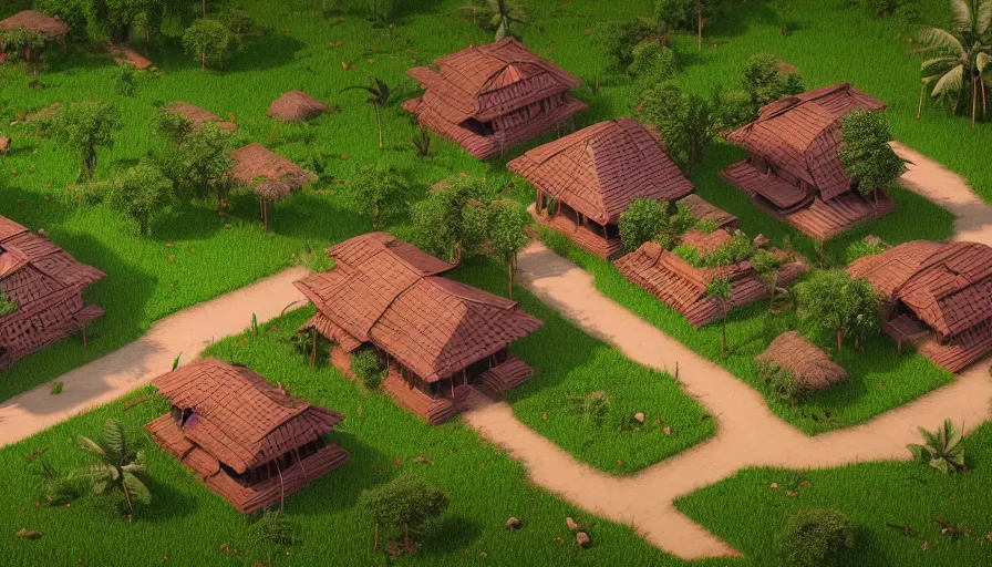 Prompt: isometric render of a kerala village in the style of horizon forbidden west, with kerala motifs, intricate, elegant, smooth shading, soft lighting, illustration, simple, solid shapes, concept art, by magali villeneuve, jeremy lipkin and michael garmash, rob rey and kentaro miura style, octane render