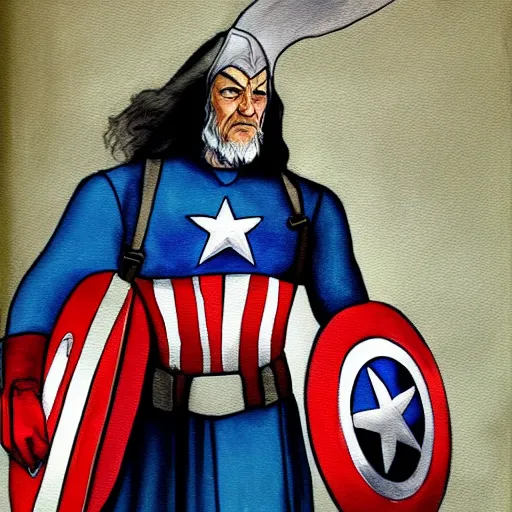 Image similar to gandalf as captain america, painting