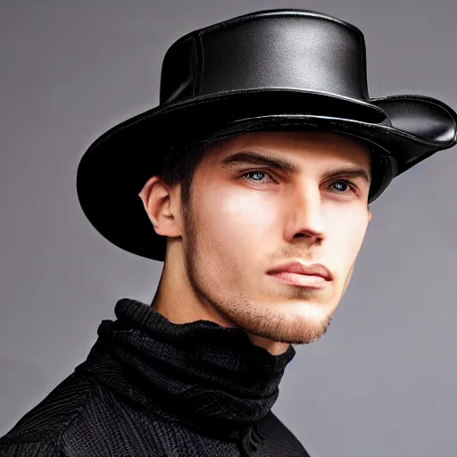 Image similar to a male model wearing a black leather hat, frontal view, cool looking