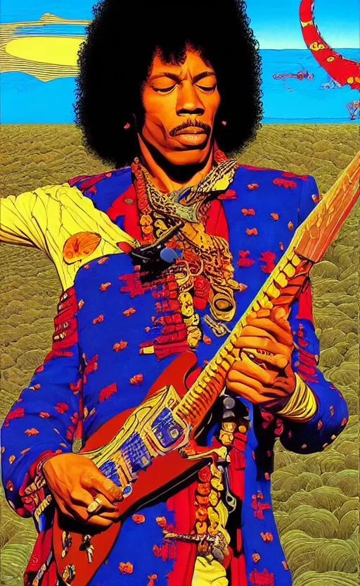 Image similar to an awesome jean giraud graphic art of jimi hendrix in the style of a renaissance masters portrait, mystical and new age symbolism and tibetan book of the dead imagery, intricately detailed, 4 k