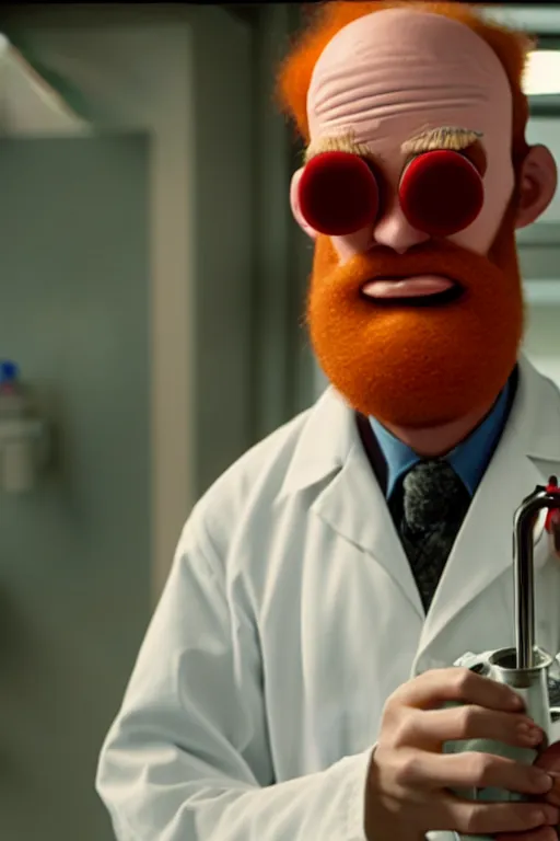 Image similar to an awkwardly tall scientist with 3 eyes and a tangled beard and unruly red hair atop his balding head wearing a labcoat and holding a beaker, high resolution film still, movie by Ivan Reitman, 3rd eye in the middle of the forehead