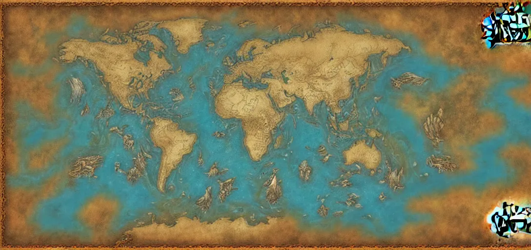 Image similar to fantasy world atlas in the style of a world of warcraft world map, 7 0 % ocean, extremely detailed, fantasy, no text, 4 k