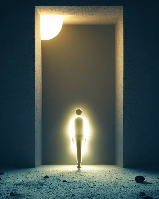 Image similar to a person standing in front of a glowy open door that's on a barren moon, poster art by mike winkelmann, trending on cg society, space art, sci - fi, ue 5, futuristic, volumetric lighting, light casting onto the ground, neat composition and camera angle