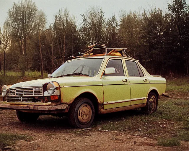 Prompt: a lomographic photo of old lada 2 1 0 7 concept car standing in typical soviet yard in small town, hrushevka on background, cinestill, bokeh