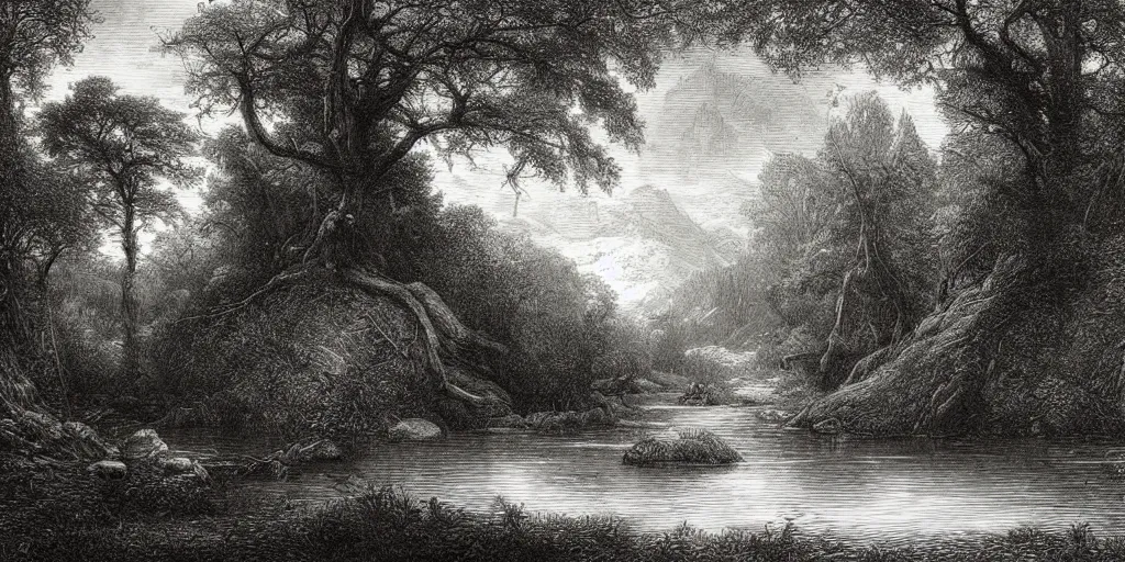 Prompt: beautiful rotogravure of river in forest, fantasy, by gustave dore, small cabin