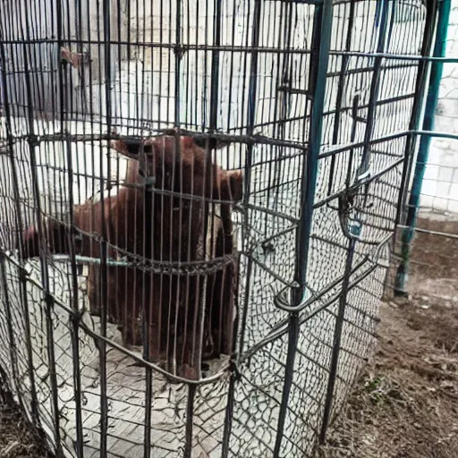 Image similar to chained calf inside a cage looking a bottle of milk